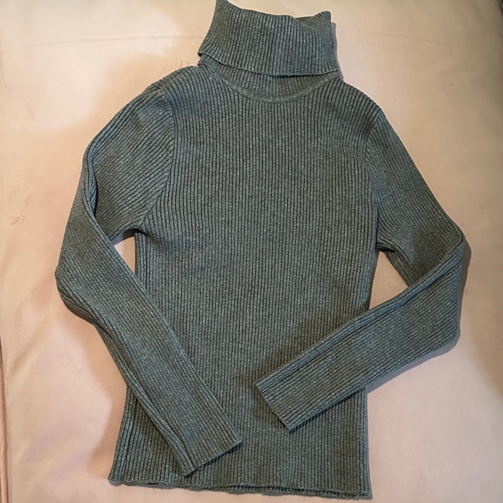 Gray Ribbed Turtleneck Top (Stretch Fit)